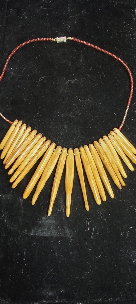 Vintage Tribal Spike Necklace Bone Horn Fringe Bib Statement Necklace