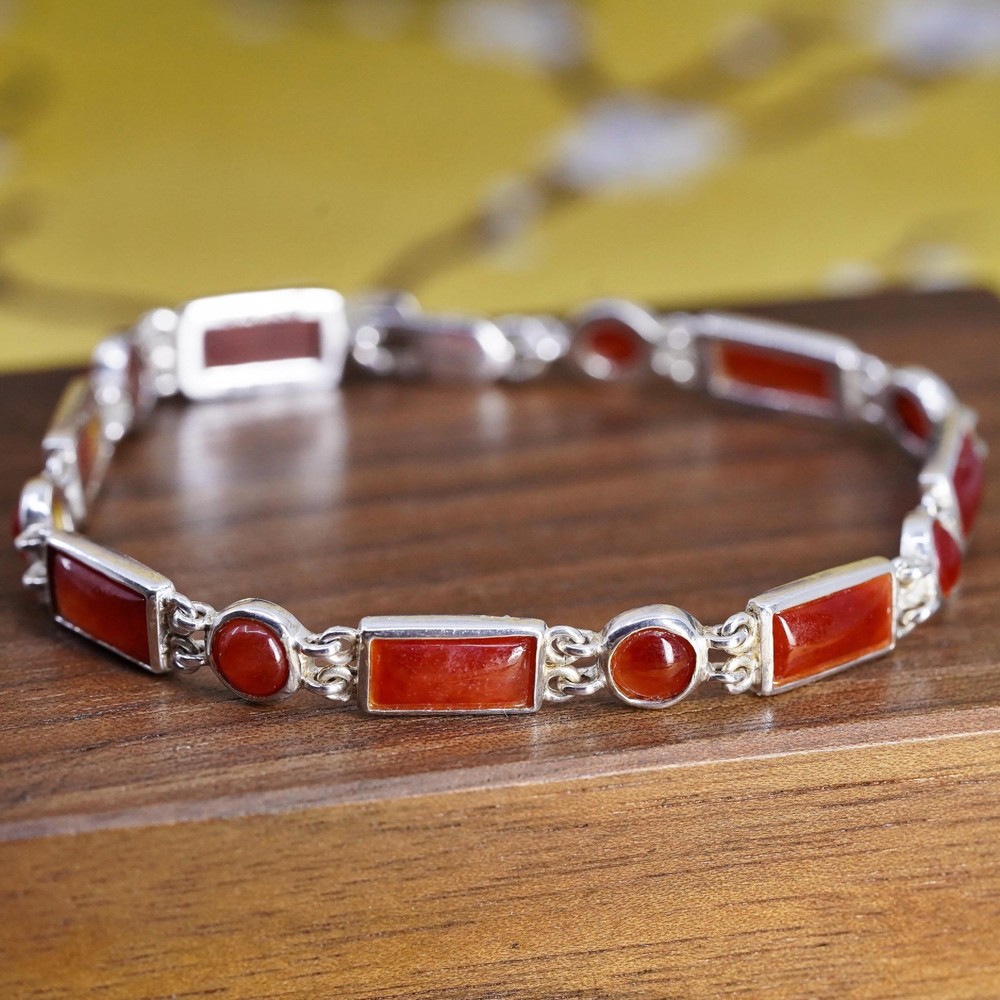 7.25”, Vintage HK sterling silver handmade bracelet, 925 tennis chain carnelian