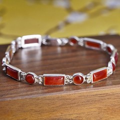 7.25”, Vintage HK sterling silver handmade bracelet, 925 tennis chain carnelian