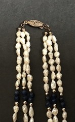 Vintage 3 Strand Natural Rice Pearls And Lapis Lazuli Beads 28in