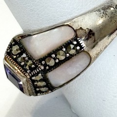 Vintage Estate Sterling Silver Amethyst Marcasite Mother of Pearl Ring size 8.5