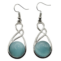 Sky Blue Round Glass Silver Tone Open Metal Drop Dangle Pierced Hook Earrings