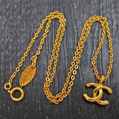 CHANEL Gold Plated CC Logos Charm Vintage Chain Necklace Pendant #588c Rise-on
