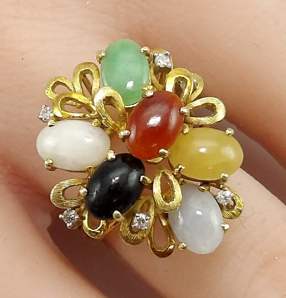 Vtg 14K Yellow Gold Multi Color Jade & Diamond Cluster Ring Size 5.5 FZZ