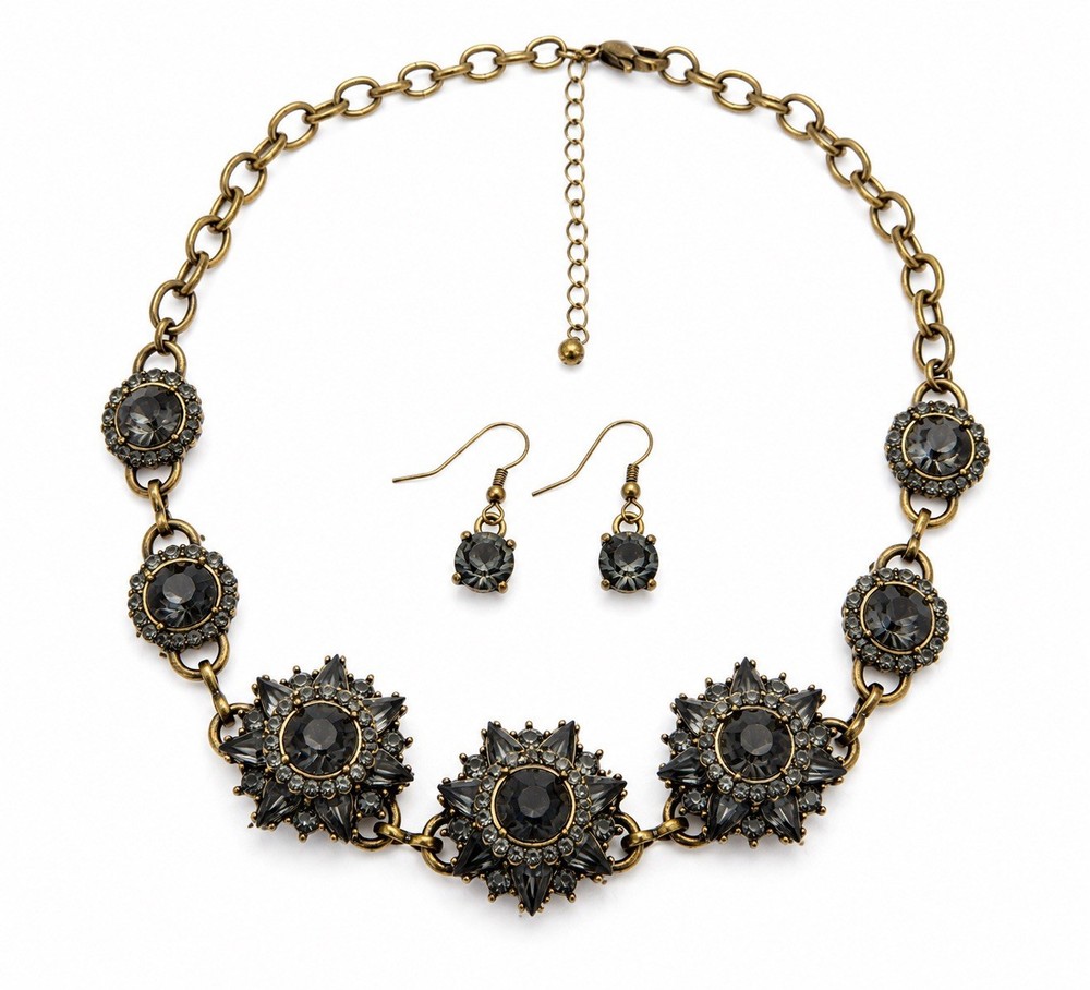 Vintage Smoky Gray Rhinestone Starburst Statement Necklace & Earrings Set