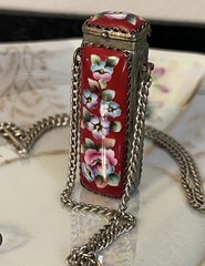 Vintage Russian Finfit Hand Painted Enamel Pillbox Locket & Earring Set