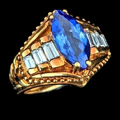 GIA Cert Vintage Tanzanite Baguette Cut Diamond 18k Yellow Gold Statement Ring