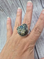 Large Vintage 925 Sterling Silver Blue Gold Druzy Ring Size 8.5 Estate Jewelry