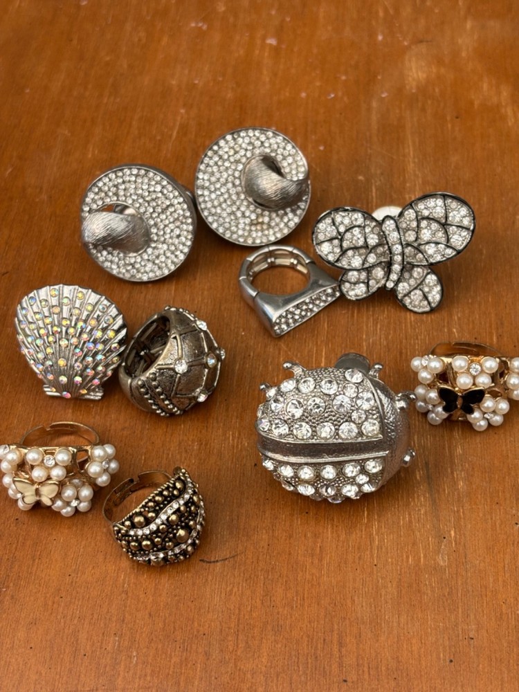 Vintage rhinestone and pearl rings, lot of 10, now size fits all