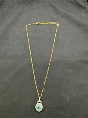 JTV Foil Glass Silver 925 Pendant Necklace Green Aventurine Flake Gold Tone 19″