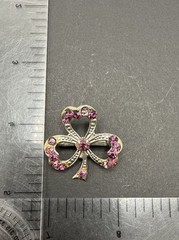 Vintage Brooch Pin Clover Silver Tone Purple Rhinestone J110