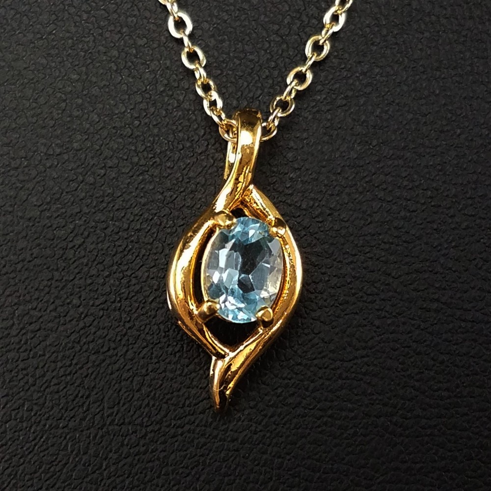 Vintage 1980s Blue Topaz Gemstone Pendant Necklace Signed JC