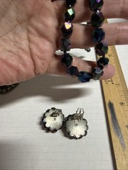 Vintage MCM Oil Slick Peacock Blue Carnival Glass Necklace & Earrings 15in J4