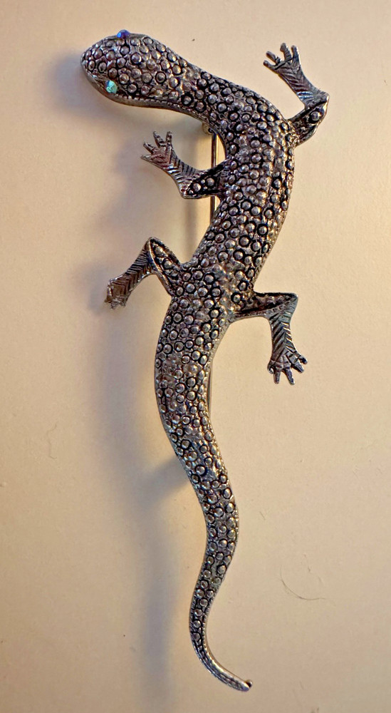 VINTAGE GECKO/LIZARD BROOCH/PIN SILVER 3.75 INCHES MARCASITE
