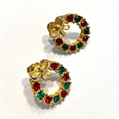 Christmas Holiday Pierced Earrings Red & Green Rhinestones Small Gold Wreaths