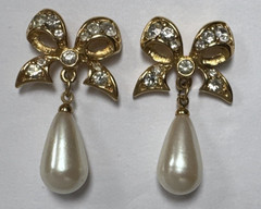 Vintage Marvella Bow Gold Plated Rhinestones Faux Pearl Dangle Pierced Earrings