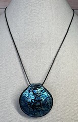 Beautiful Vintage Hand Blown Blue & Black Crackled Pendant On Cord Necklace