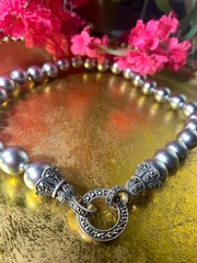 15.5”IN VINTAGE STERLING SILVER & MARCASITE CLASP W 15MM GRAY FAUX PEARLS