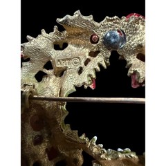 Vtg By ART Antiqued Gold Tone Colorful Rhinestone Enamel Christmas Wreath Pin