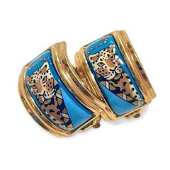 Vintage Hermès Cloisonné Enamel Gold-Tone Earrings with Panther, Leopard,Cheetar