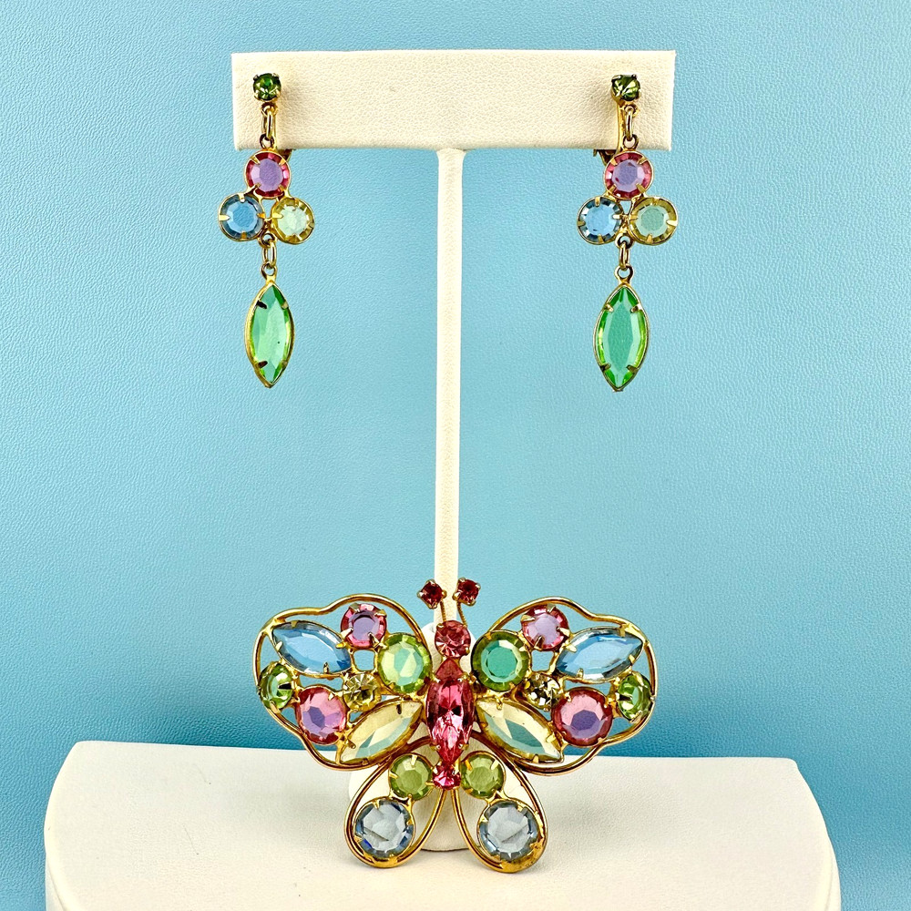 Vintage Butterfly Brooch Earrings Set Open Back Crystal Pastel Pink Green Blue