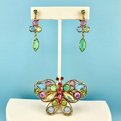 Vintage Butterfly Brooch Earrings Set Open Back Crystal Pastel Pink Green Blue