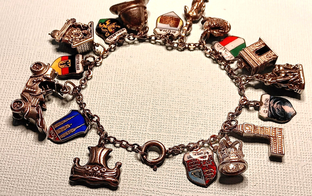 European Travel Silver Charm Bracelet & 17 Charms, 925 to 800 Silver, Some Rare