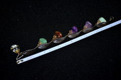 Vintage Silver Tone Feather Leaf and Assorted Gemstones Stone Bracelet 8”