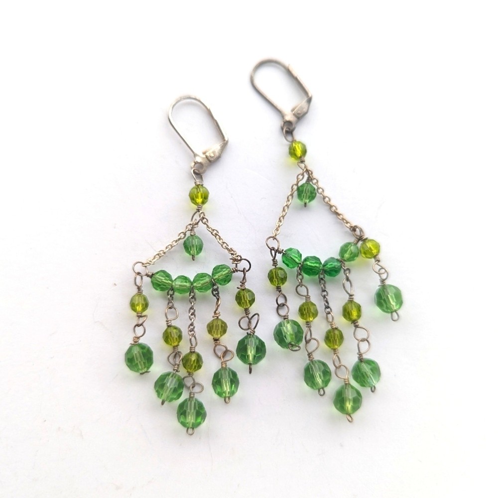 Vintage Silver Tone Leverback Peridot Green Beaded Chandelier Dangle Earrings