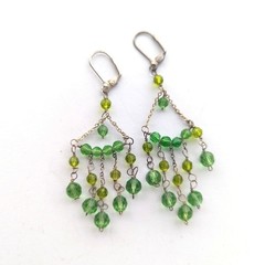 Vintage Silver Tone Leverback Peridot Green Beaded Chandelier Dangle Earrings
