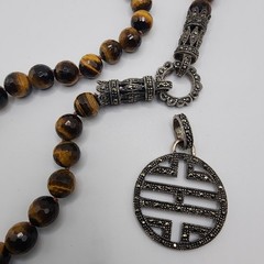 Tigers Eye Marcasite Convertible Bead Necklace Vintage Asian Inspired Charm Boho