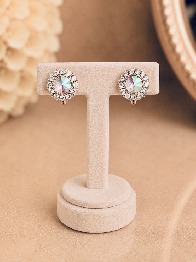 Vintage Aurora Borealis Rhinestone Clip-On Earrings in Gold Tone