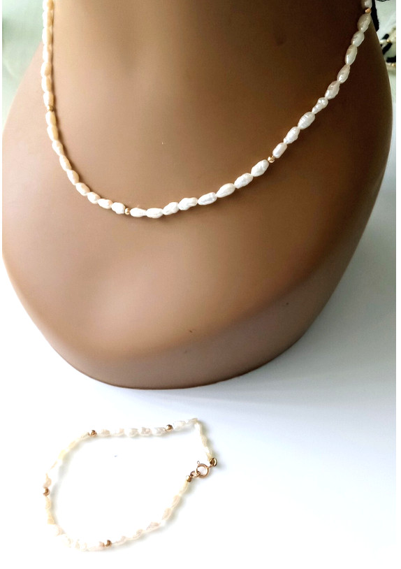 VTG Rice Pearl Necklace & Bracelet 14k Gold Filled 70’s SET 18” & 7.5” NWT