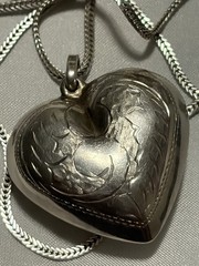 Vintage 925 Sterling Silver Engraved Puffy Heart Necklace 20” Woman’s Jewelry