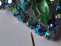 VTG MCM Aque Blue & Lime Green Rhinestone Leaf Brooch Pin (Some AB Finish)