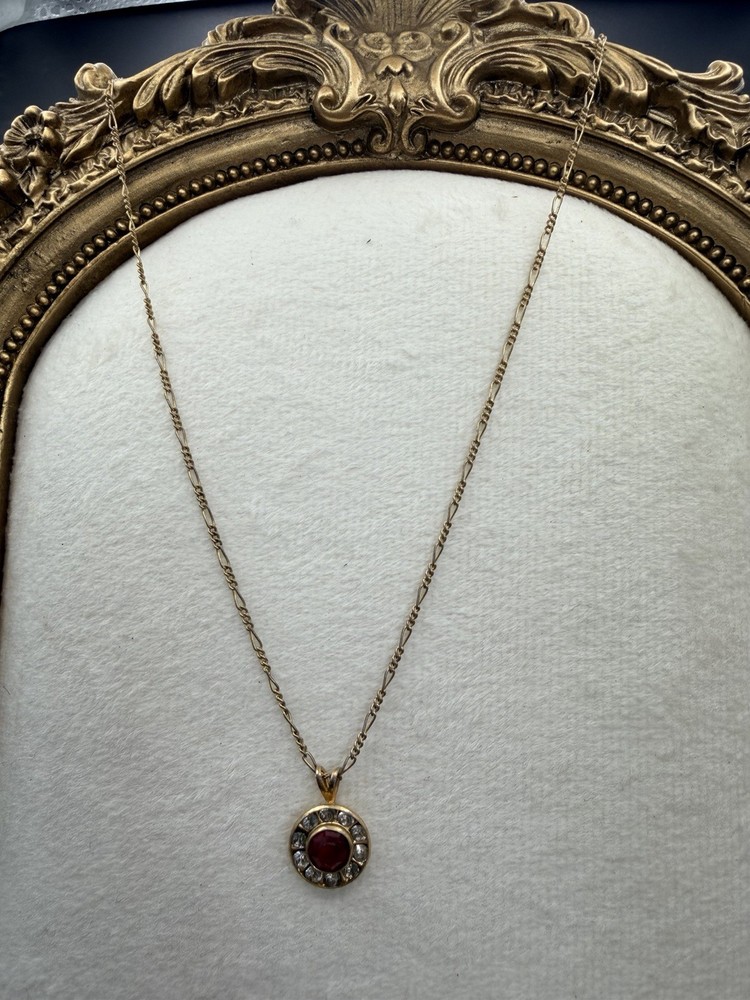 853. OP Vintage Gold Tone Necklace W/ Red Glass Stone And CZ Halo