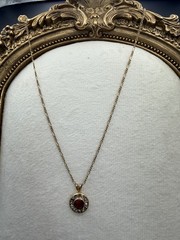 853. OP Vintage Gold Tone Necklace W/ Red Glass Stone And CZ Halo