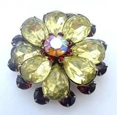 AB Rhinestone Brooch Pin Yellow & Brown Prong Set Gold Tone Floral Statement 2.5