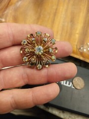 Vintage Opalescent Iridescent Rhinestones Gold Toned Brooch