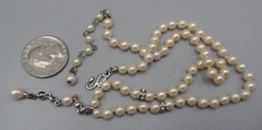 Vintage Faux Pearl Y Necklace Knotted Glass Bead Choker Rhinestone Teardrop Hook