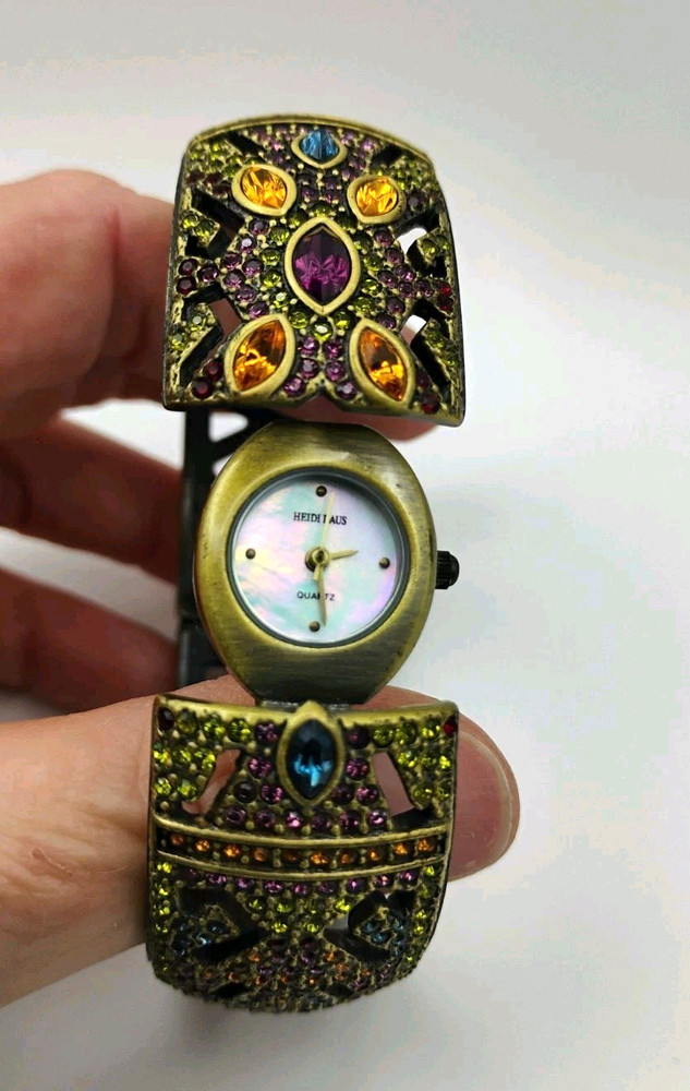 Vintage Heidi Daus Hidden Quartz Watch Bracelet Multicolor Rhinestones Art Deco