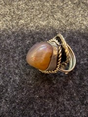 Handmade Southwestern Style Chalcedony Ring Unmarked Silver Tone Scroll Work