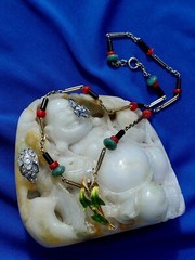 ORIGINAL Antique Deco Diamond Necklace Victorian Jade Onyx Coral Chain 14K GOLD