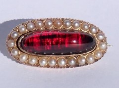 Pretty Antique Victorian 10K Gold Foiled Garnet Cabochon Pearl Pendant Pin 1886