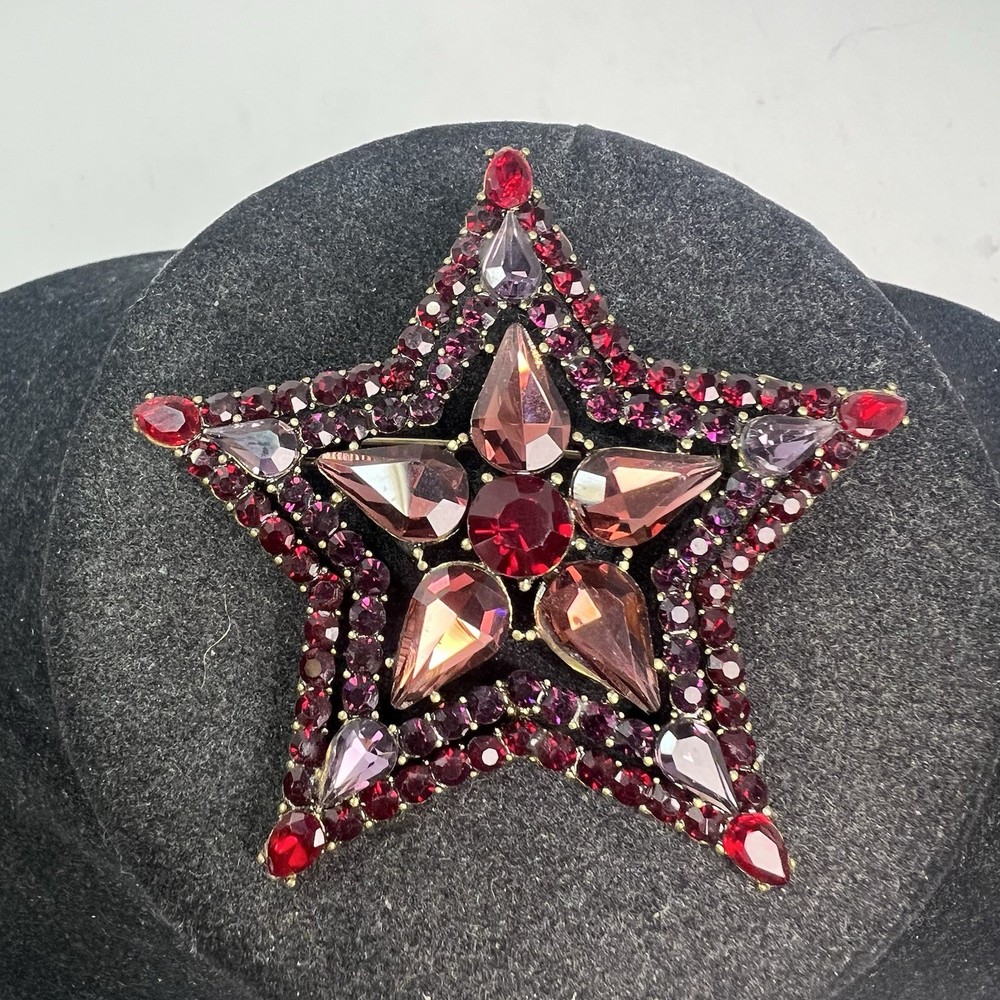 Beautiful Large ANNA SUI Inc Red & Purple Crystal Rhinestone Star Brooch Pin