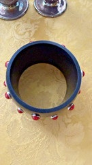 BIG Vtg 2” Black Resin Sterling Inset Red Coral STATEMENT Bangle Bracelet