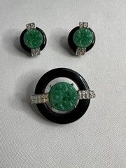KJL Kenneth Jay Lane Art Deco Faux Jade Brooch & Earrings Set
