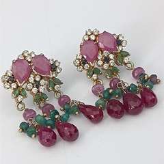 Vintage Boho Luxe Chandelier Earrings Maximalist Floral Ruby Rococo Style Opera