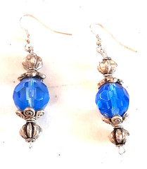 Stunning Silver Tone Faceted Crystal Glass Blue Bead Vintage Dangle Earrings