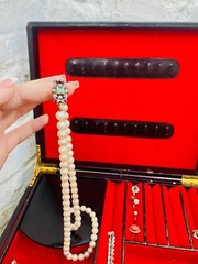 Antique 24″ Pearl Necklace, 18k Diamond Emerald Clasp, Spain Estate, 8 Diamonds